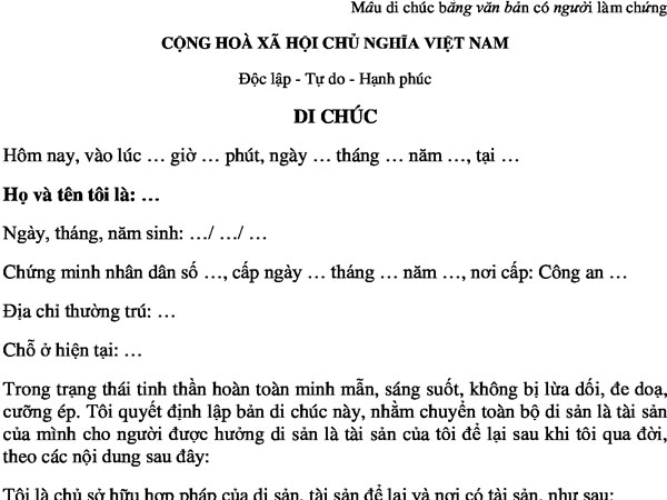 Nội dung của di chúc bằng văn bản